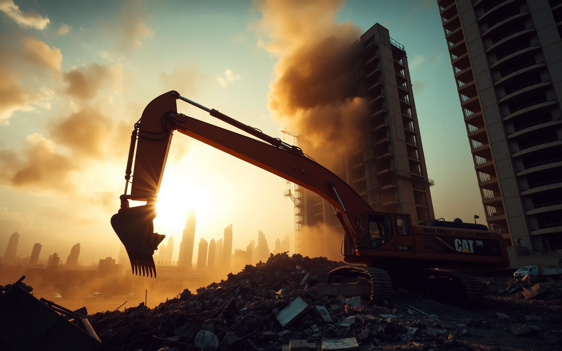 High-rise demolition at sunset, Dubai