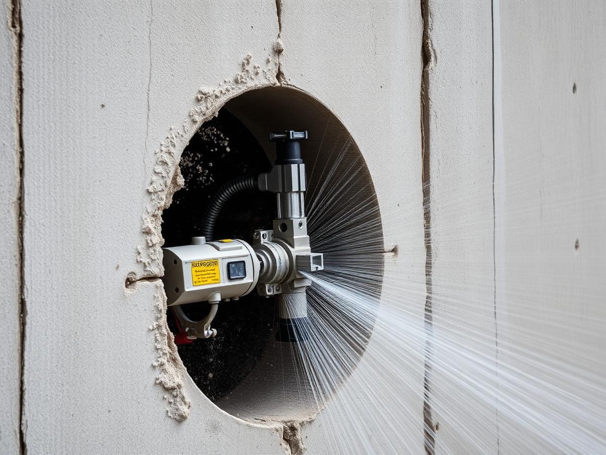 Concrete core cutting with water spray
